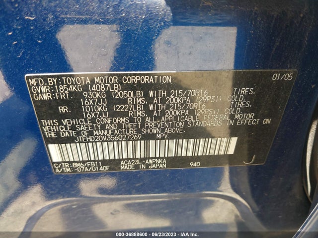 2005 TOYOTA RAV4 VIN: JTEHD20V356027269
