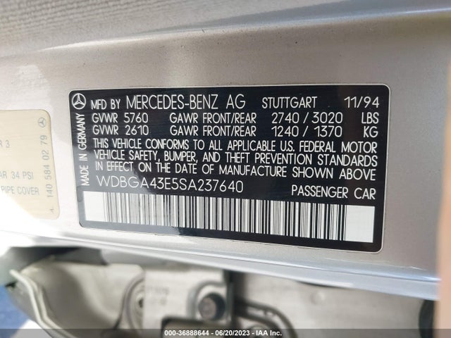 Aukcja sprzedaży 1995 Mercedes-benz S 420, vin: WDBGA43E5SA237640, numer aukcji: 36888644