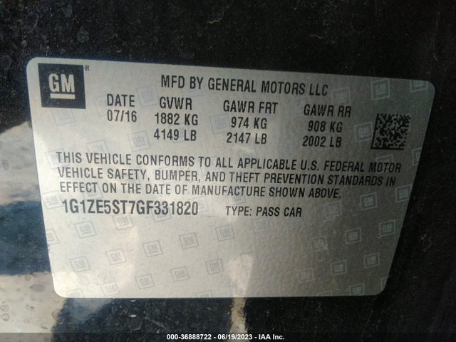 2016 CHEVROLET MALIBU LT VIN: 1G1ZE5ST7GF331820