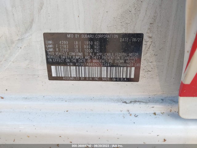 2022 SUBARU IMPREZA VIN: 4S3GTAB65N3702687