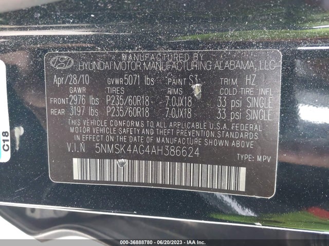 2010 HYUNDAI SANTA FE LIMITED VIN: 5NMSK4AG4AH386624