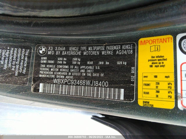2008 BMW X3 3.0SI VIN: WBXPC93468WJ18400