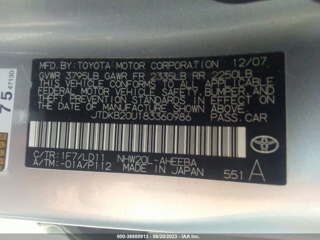 2008 TOYOTA PRIUS VIN: JTDKB20U183360986
