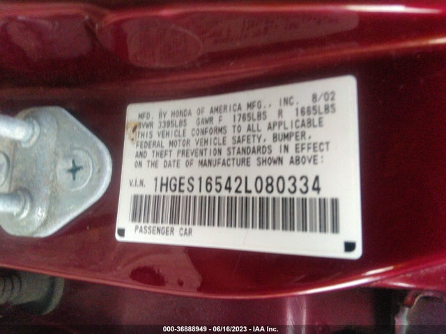 2002 HONDA CIVIC LX VIN: 1HGES16542L080334