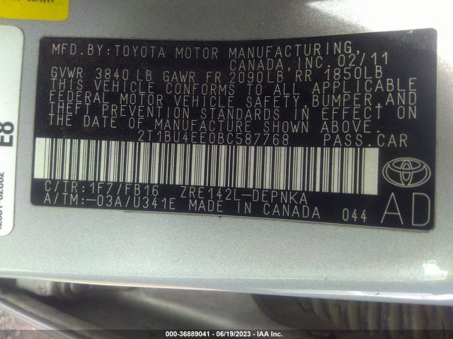 2011 TOYOTA COROLLA LE VIN: 2T1BU4EE0BC587768