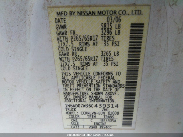 2006 NISSAN FRONTIER LE VIN: 1N6AD07W36C439314
