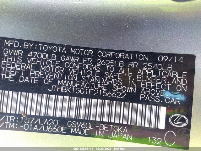 2015 Lexus ES, VIN: JTHBK1GG1F2156622