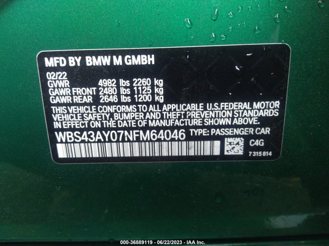 2022 BMW M3, VIN: WBS43AY07NFM64046