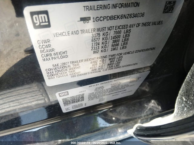 2022 CHEVROLET SILVERADO VIN: 1GCPDBEK6NZ634036