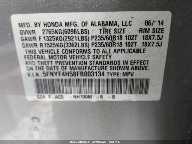 Honda Pilot Ex-l 2015 5FNYF4H58FB003134 Image 9