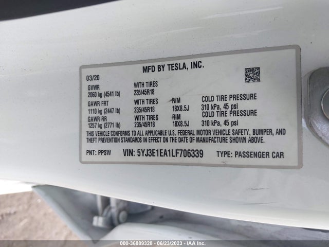 Tesla Model 3 Standard Range 2020 5YJ3E1EA1LF706339 Image 9