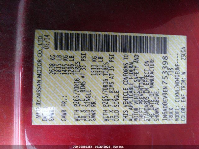1N6AD0EV9EN753398 Nissan Frontier Sv