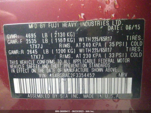 4S4BSBAC2F3354452 Subaru Outback 2.5i