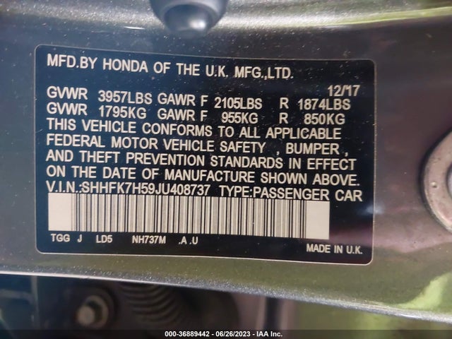Honda Civic Hatchback Ex 2018 SHHFK7H59JU408737 Image 9
