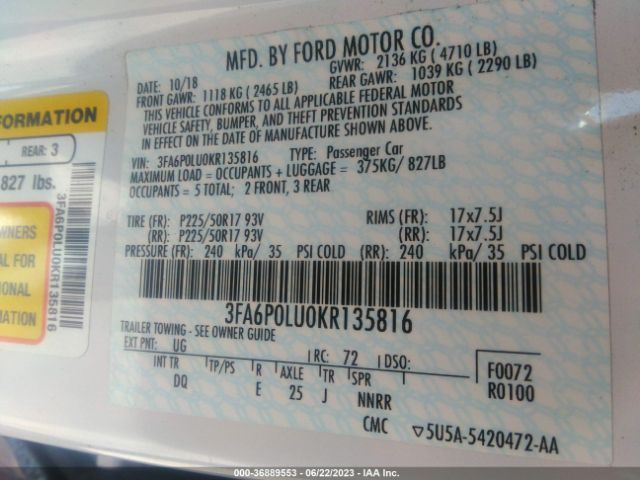 3FA6P0LU0KR135816 Ford Fusion Hybrid Se