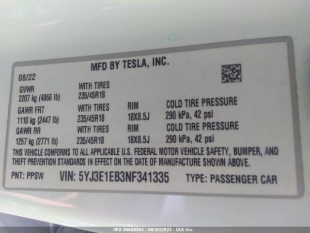 5YJ3E1EB3NF341335 Tesla Model 3 Long Range