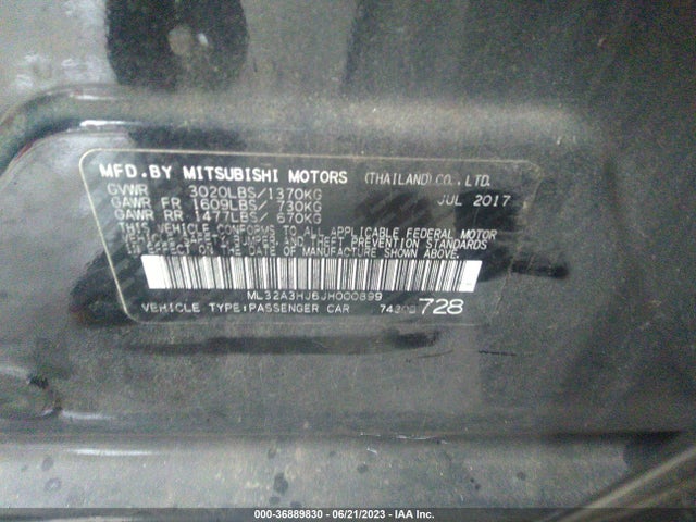 2018 MITSUBISHI MIRAGE ES VIN: ML32A3HJ6JH000899