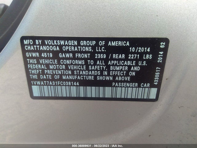 2015 VOLKSWAGEN PASSAT 1.8T WOLFSBURG ED VIN: 1VWAT7A31FC038144