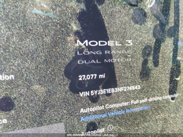 5YJ3E1EB3NF274543 Tesla Model 3 Long Range