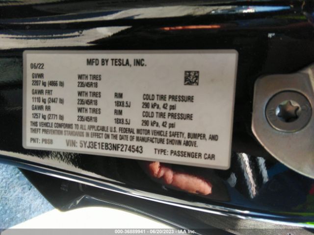 5YJ3E1EB3NF274543 Tesla Model 3 Long Range
