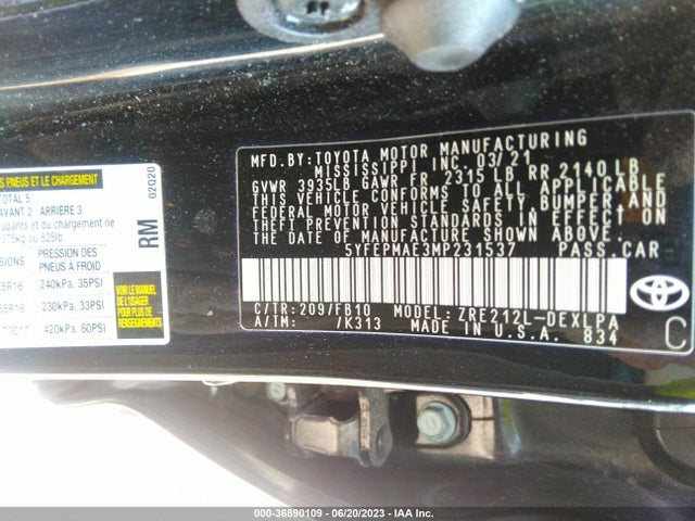 Toyota COROLLA LE 2021 5YFEPMAE3MP231537 Image 15