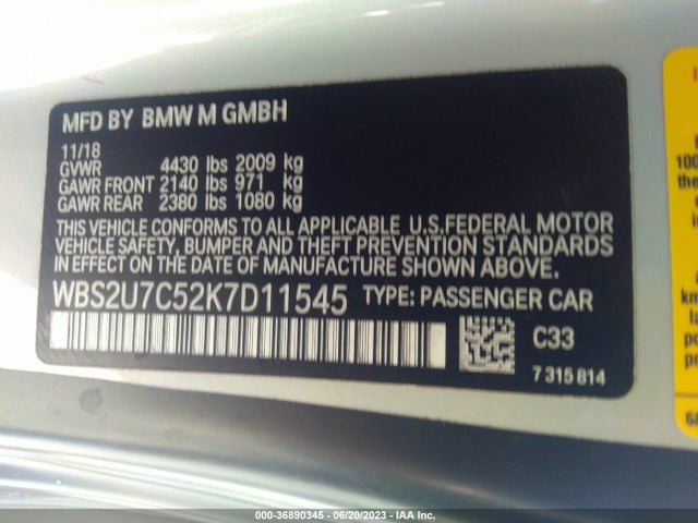 2019 BMW M2, VIN: WBS2U7C52K7D11545