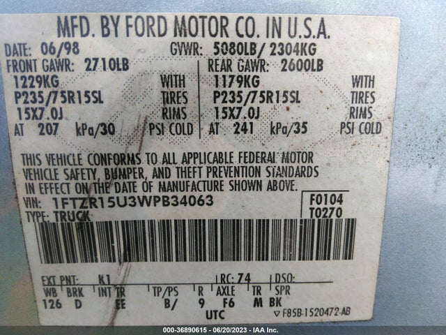1998 FORD RANGER SPLASH/XL/XLT VIN: 1FTZR15U3WPB34063