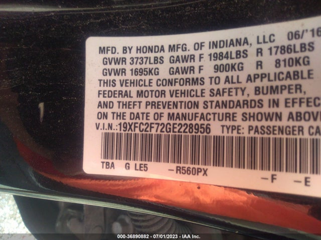 Honda Civic Sedan Ex 2016 19XFC2F72GE228956 Image 9