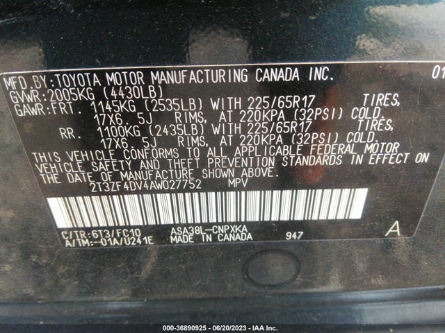 2010 TOYOTA RAV4 VIN: 2T3ZF4DV4AW027752