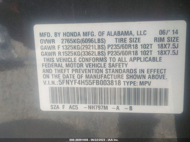 Honda Pilot Ex-l 2015 5FNYF4H55FB003818 Image 16