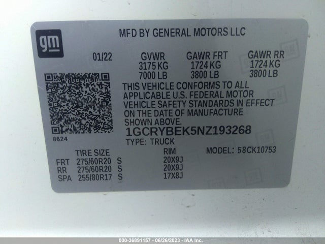 2022 Chevrolet Silverado 1500, VIN: 1GCRYBEK5NZ193268
