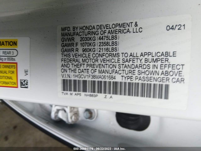 2021 HONDA ACCORD SEDAN SPORT VIN: 1HGCV1F38MA061684
