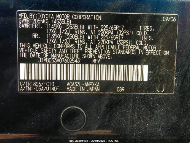 2007 TOYOTA RAV4 VIN: JTMBD33V076025431