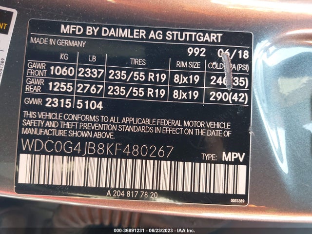 2019 MERCEDES-BENZ GLC GLC 300 VIN: WDC0G4JB8KF480267