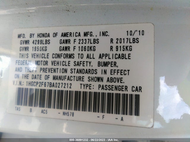 2011 HONDA ACCORD SDN SE VIN: 1HGCP2F67BA027212