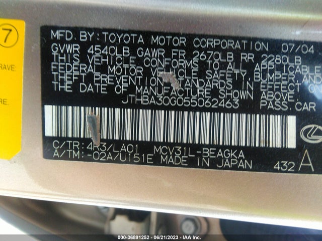 2005 LEXUS ES 330 VIN: JTHBA30G055062463