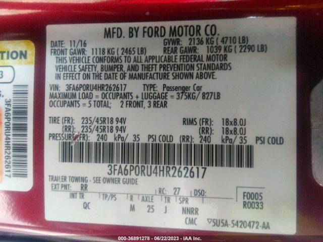 3FA6P0RU4HR262617 Ford FUSION HYBRID