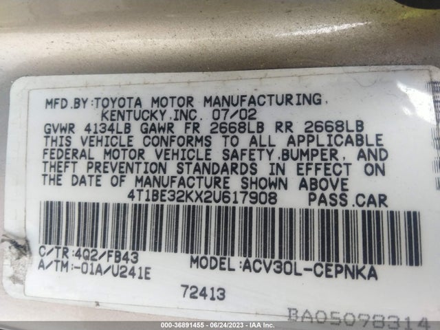 2002 TOYOTA CAMRY LE/SE/XLE VIN: 4T1BE32KX2U617908