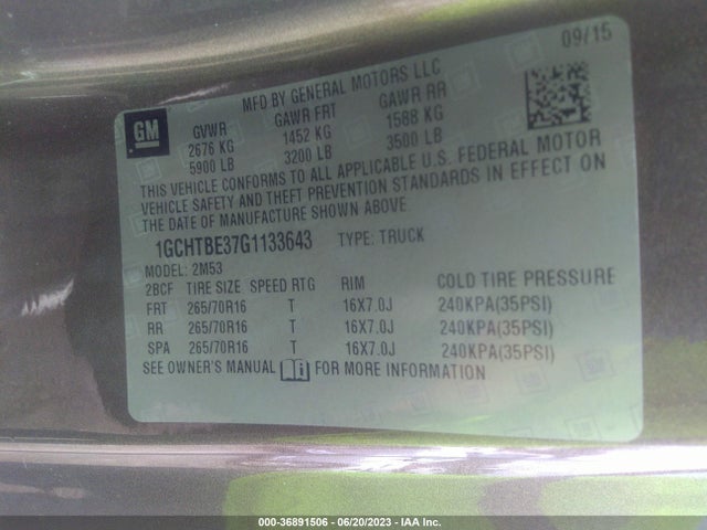 Chevrolet Colorado 4wd Wt 2016 1GCHTBE37G1133643 Image 9