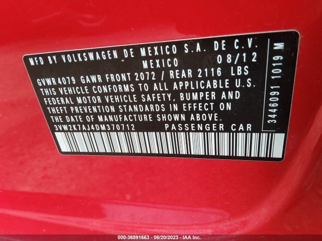 2013 VOLKSWAGEN JETTA SEDAN S VIN: 3VW2K7AJ4DM370712