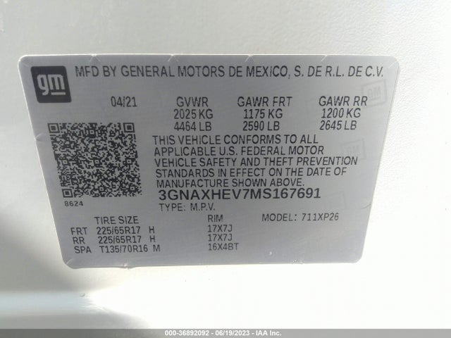 2021 CHEVROLET EQUINOX LS VIN: 3GNAXHEV7MS167691