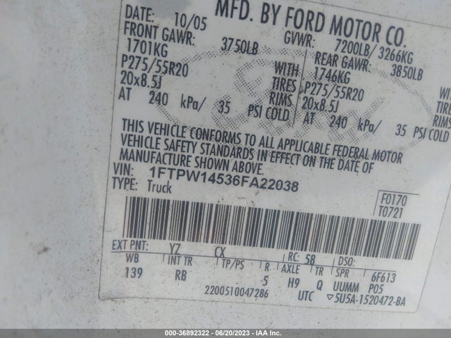 2006 FORD F-150 XLT/FX4/LARIAT/KING RANCH VIN: 1FTPW14536FA22038