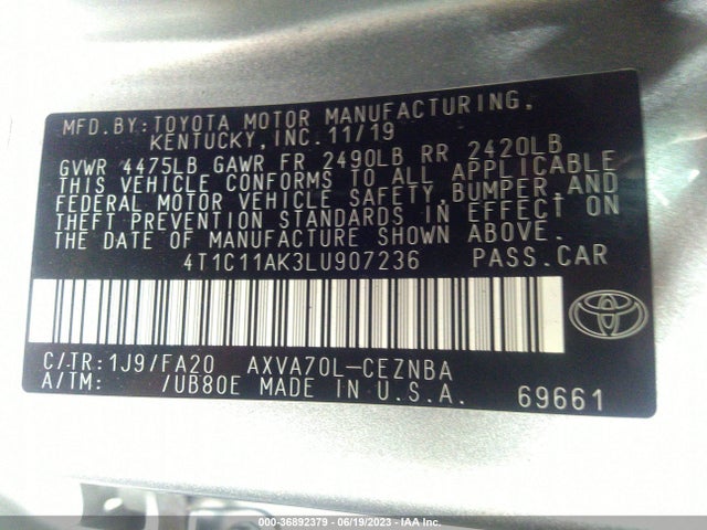 Toyota CAMRY LE 2020 4T1C11AK3LU907236 Image 16