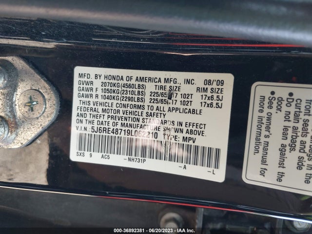 2009 HONDA CR-V EX-L VIN: 5J6RE48719L062210
