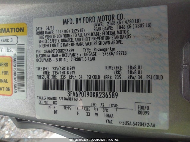 Ford FUSION SE 2019 3FA6P0T90KR236589 Image 16