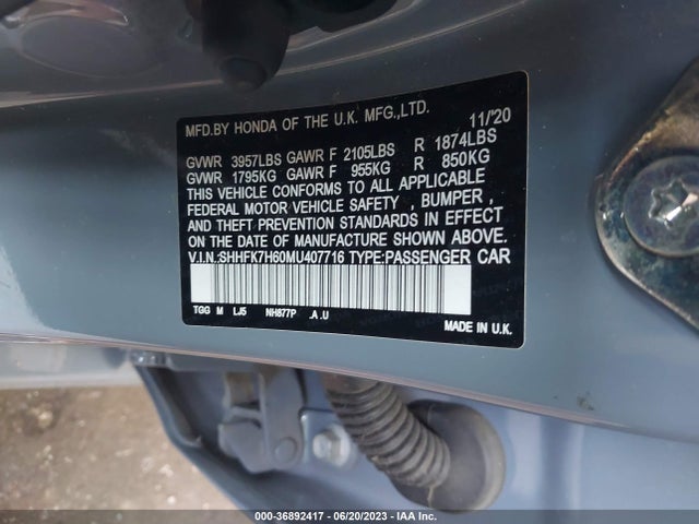 Honda Civic Hatchback Ex 2021 SHHFK7H60MU407716 Image 10