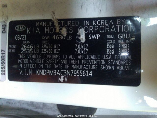 KNDPM3AC3N7955614 KIA Sportage Lx