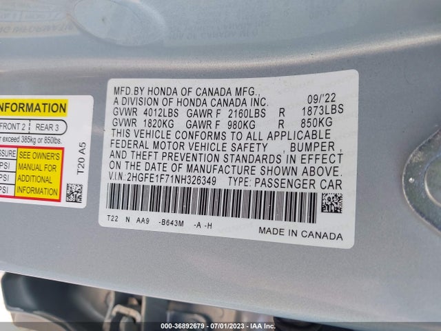 Honda Civic Sedan Ex 2022 2HGFE1F71NH326349 Image 9