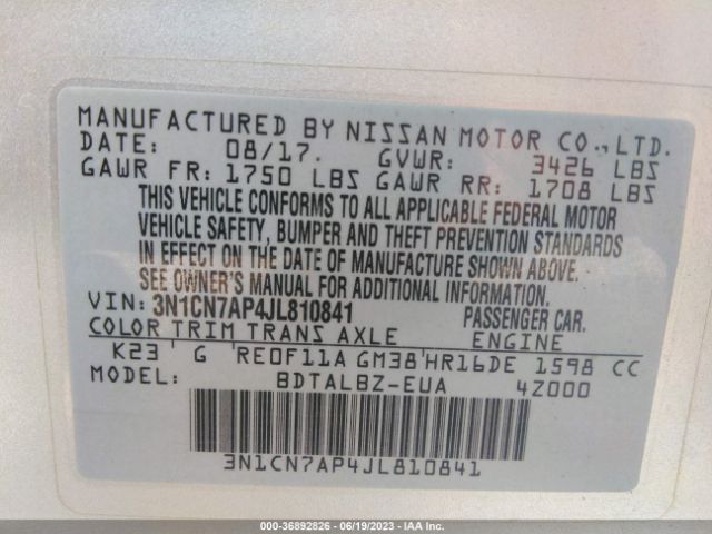 3N1CN7AP4JL810841 Nissan Versa Sedan Sv