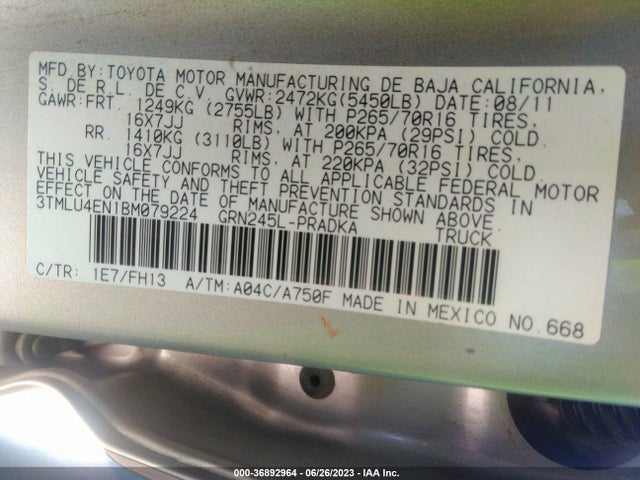 2011 TOYOTA TACOMA VIN: 3TMLU4EN1BM079224